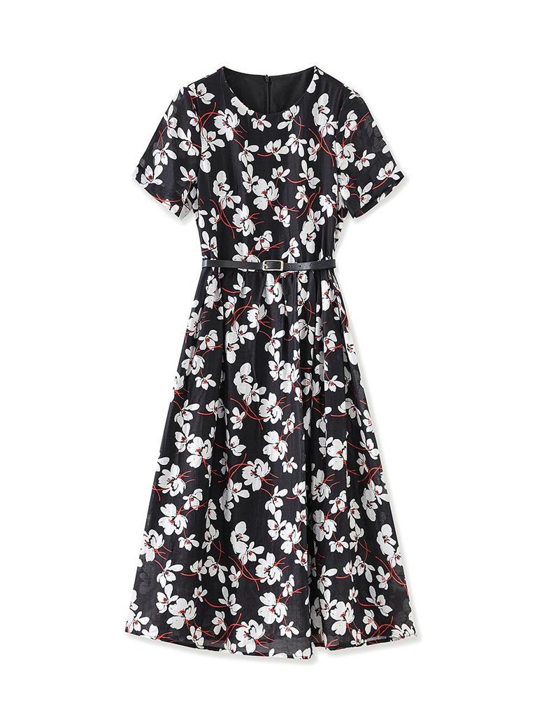 Nanyou Tencel Linen Tie Waist Mid-Length Summer Dress - Elegant Women's Short Sleeve for Vacation