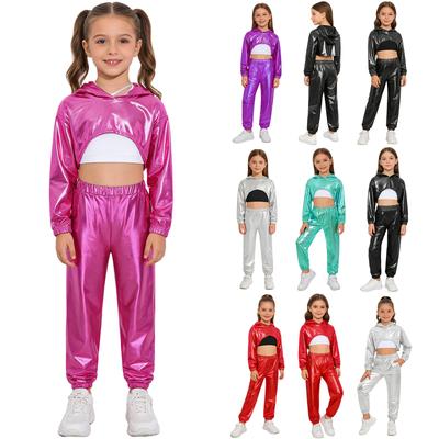 Conjunto de 3 Piezas para Niñas Jazz Hip-Hop Sudadera Corta Metálica Asimétrica de Manga Larga con Chaleco sin Mangas de Ojal Cruzado en la Espalda y Pantalones de Baile