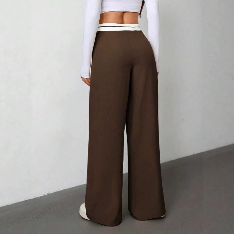 Womens 2026 Loose Fit Wide Leg Trousers With Contrast Waistband Lightweight Woven Fabric Mid-Rise Straight Cut
