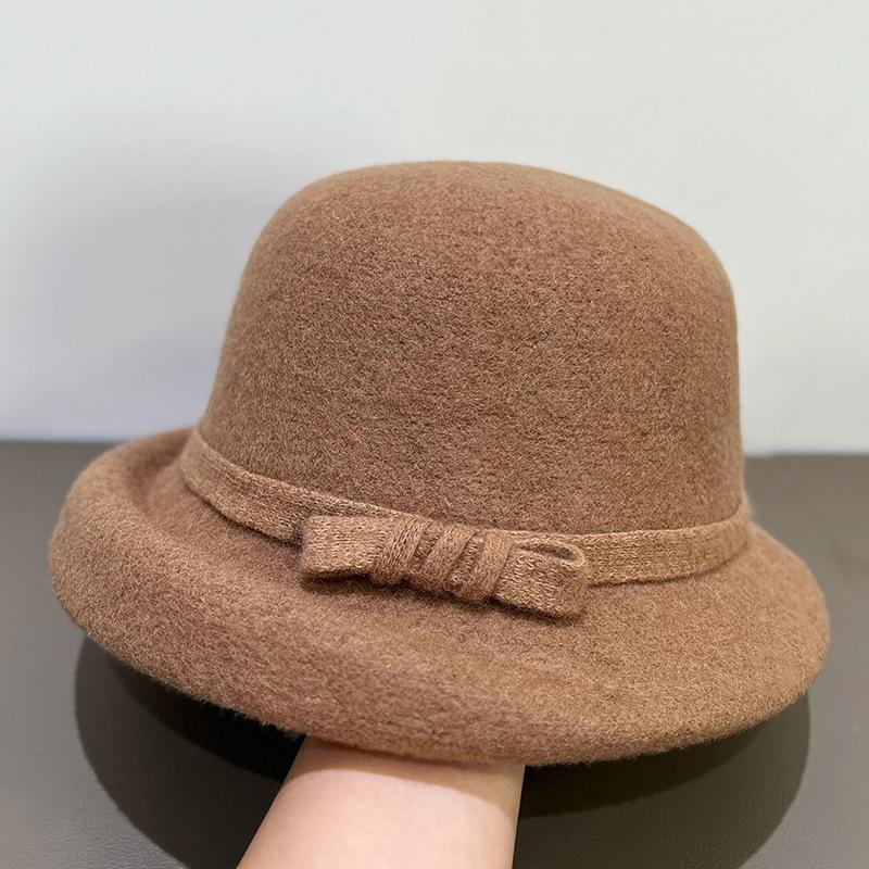2025 Korean Version Autumn and Winter Bow Fisherman Hat Wool Woolen Basin Hat British Retro Felt Hat Children
