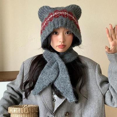 Women's Cute Wool Blend Bear Hat & Scarf Set - Winter Warm, Slimming & Knitted with Earflaps.