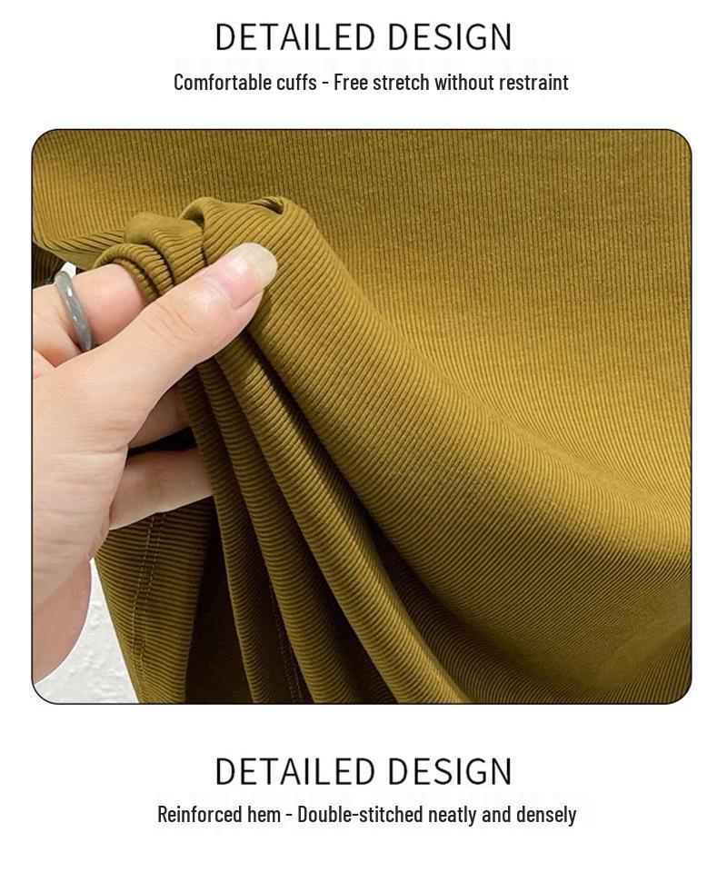 Women's European-Style Ribbed V-Neck Short-Sleeve Slim-Fit T-Shirt, Yellow-Green/Apricot