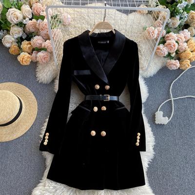 Blazer Mantel Frauen Samt Anzug Jacke Winter Zweireiher Langarm Damen Schwarz Blazer Gürtel Frauen Schlank Outwear