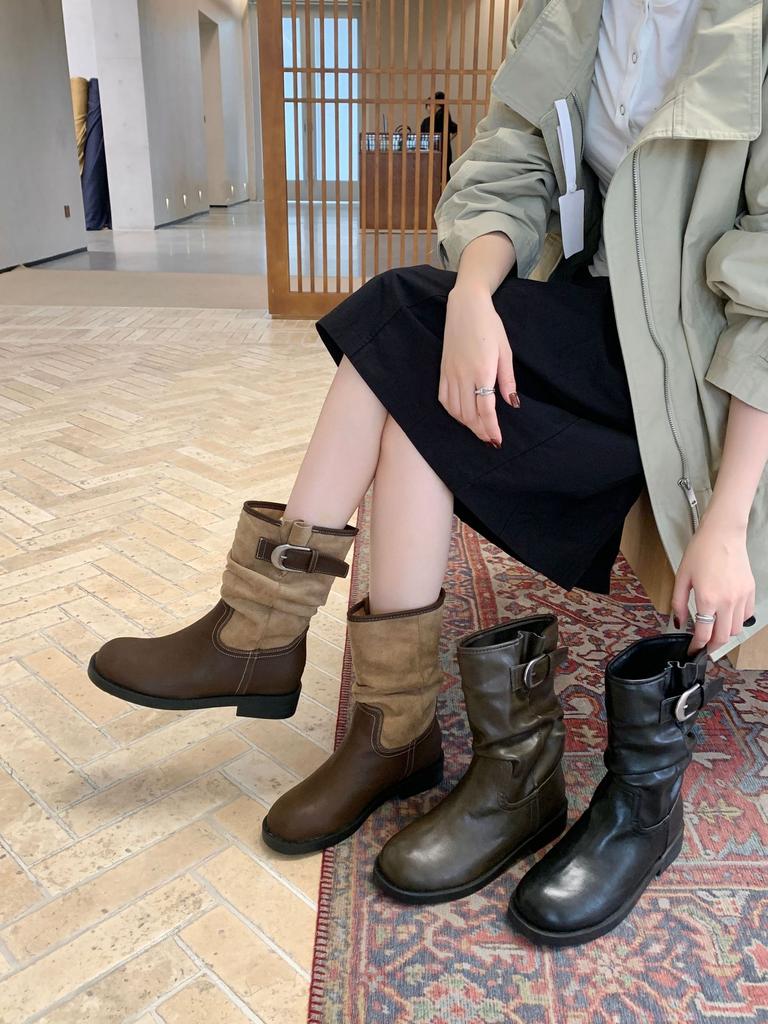 British retro western cowboy boots women's new color matching medium boots knight martin boots