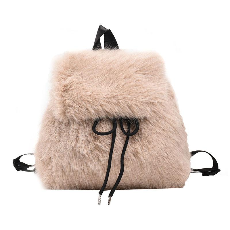 Hairy Imitation Rabbit Fur Backpack Student Large Capacity Drawstring Solid Color Backpack Tide
