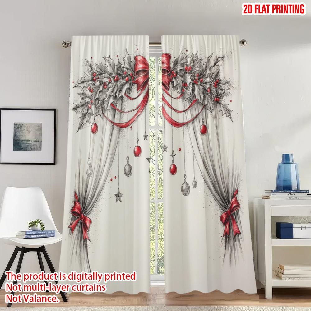 

2pcs 2D flat printing Classic Christmas Curtains Christmas Holly Star Bows Digital Printed Polyester Drapes Festive Wall Decor 100*130 Grommet Top 1pcs