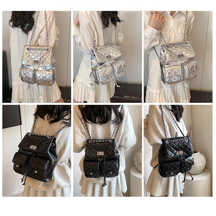 IELGY Women's Temperament Rhombus Backpack, Silver Chain Backpack