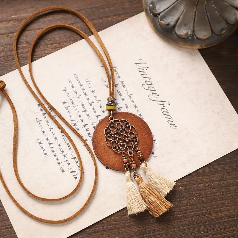 Bohemian Long Tassel Necklace Vintage Niche Exotic Wooden Sweater Chain Women's Accessories