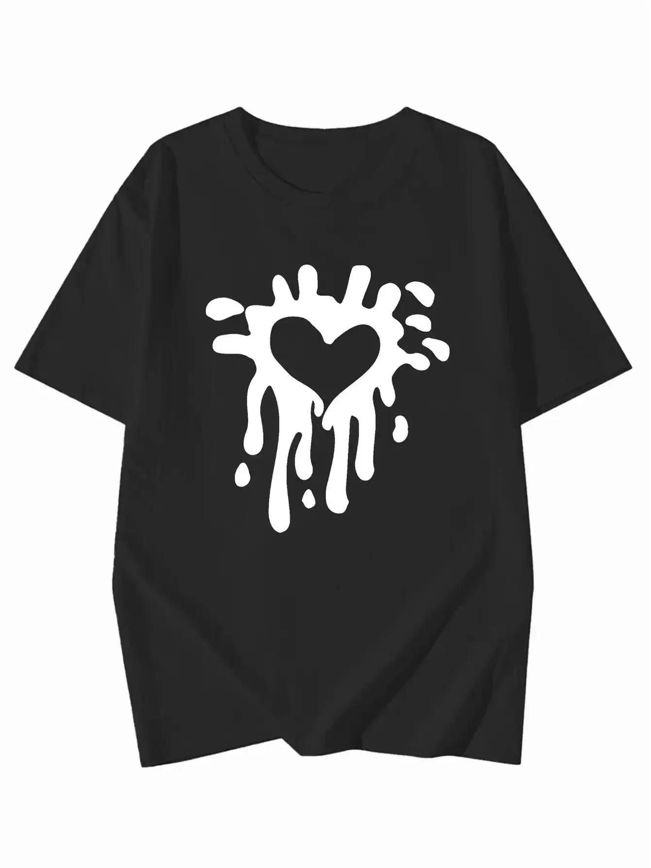 

Heart Print Fashion Summer Print T-Shirt Japanese Simple and Versatile Trendy Streetwear Short Sleeves Tops Tees Women Clothi... S разноцветный
