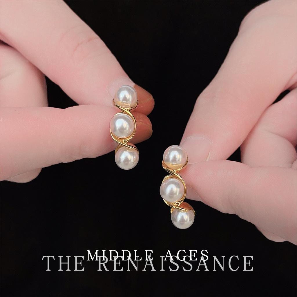 Средневековые геометрические серьги-пусеты с жемчугом полу-C, серьги в стиле old money, французские серьги