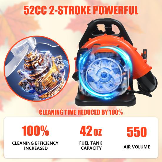 52CC Gas Backpack Leaf Blower, 2-Stroke Engine 550CFM Commercial-Grade Dust Blower, Patio Cleaning Lawn Care Yard Work Landscaping Snow Removal
