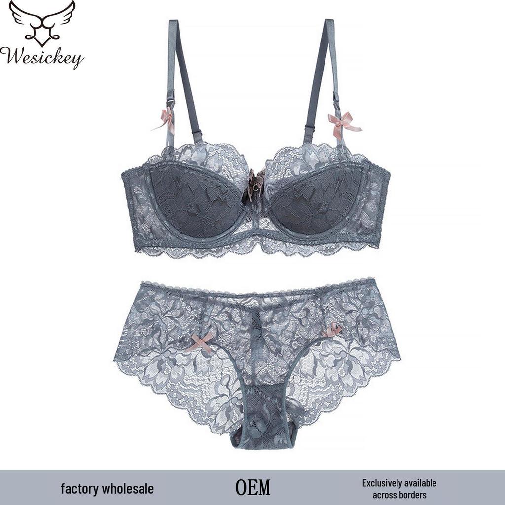 Evropská a americká nadměrná velikost Sexy krajková push-up souprava spodního prádla – Francouzský polovyztužený design pro lichotivý vzhled