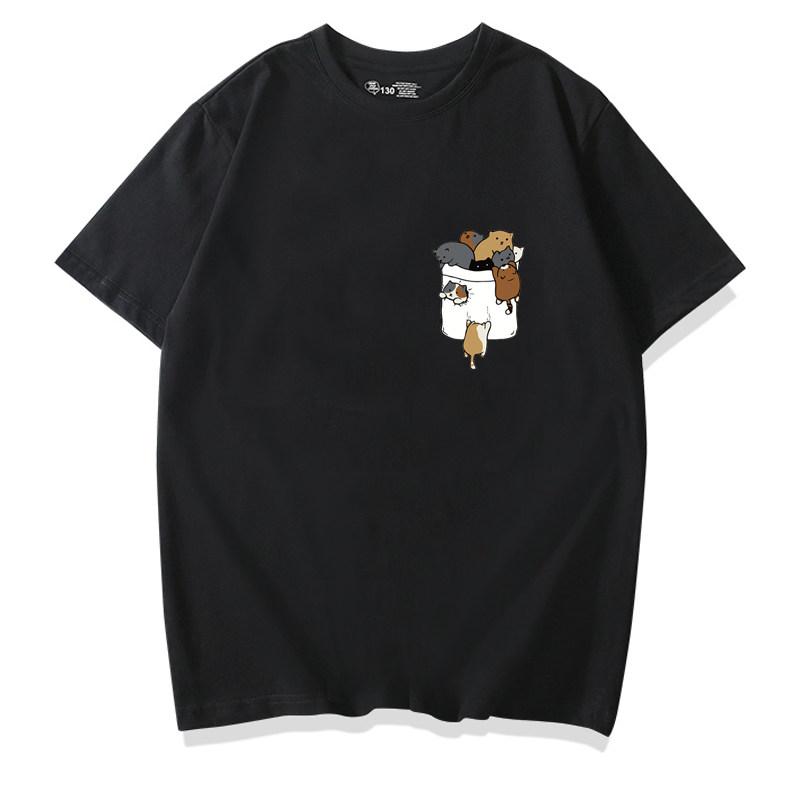 Healing Cute Pocket Cat Shiba Inu Pure Cotton Cartoon Printed Tshirt Summer New Unisexs and Unisexs Casual Loose Short Sleeve
