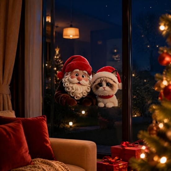 Reusable PVC Window Film Christmas Santa Claus & Cat Static Clings, Waterproof Glass Stickers, Holiday Stickers Decorative Decals for Home Doors Store