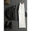 Mens Black Plaid Patchwork Collar Flight Jacket Loose Casual Streetwear Top