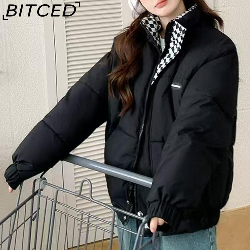 BITCED Stylish Niche Checkered Pattern Thickened Puffer Jacket for Women Mid-Length Winter Cotton Coat