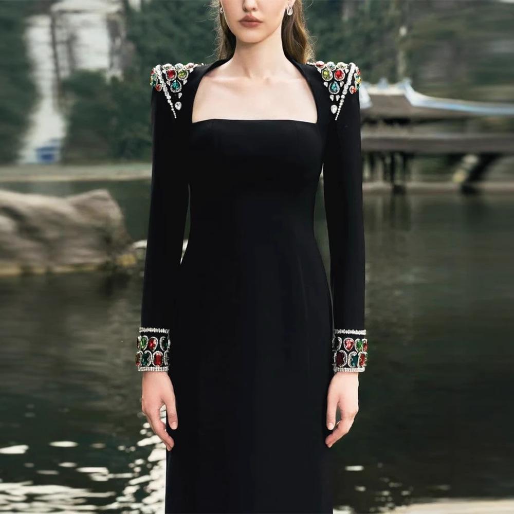 2025 Celebrity Style Long Sleeve Gemstone Rhinestone Formal Gown