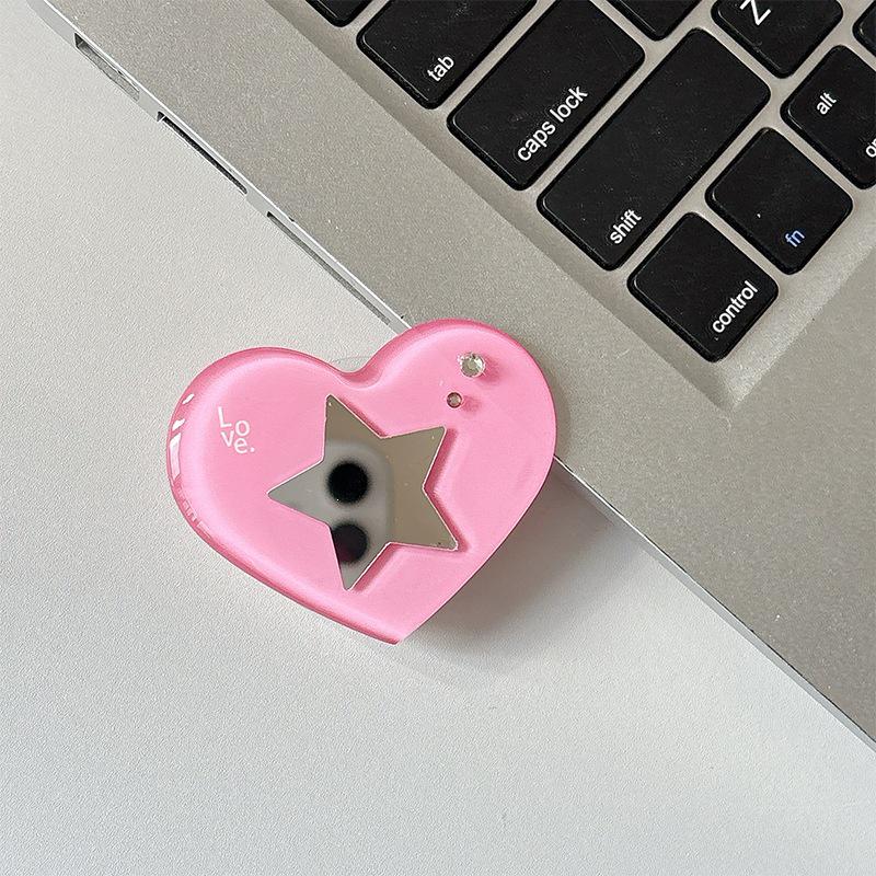 Heart-shaped Rhinestone Star Mirror Phone Holder with Magnetic Finger Ring