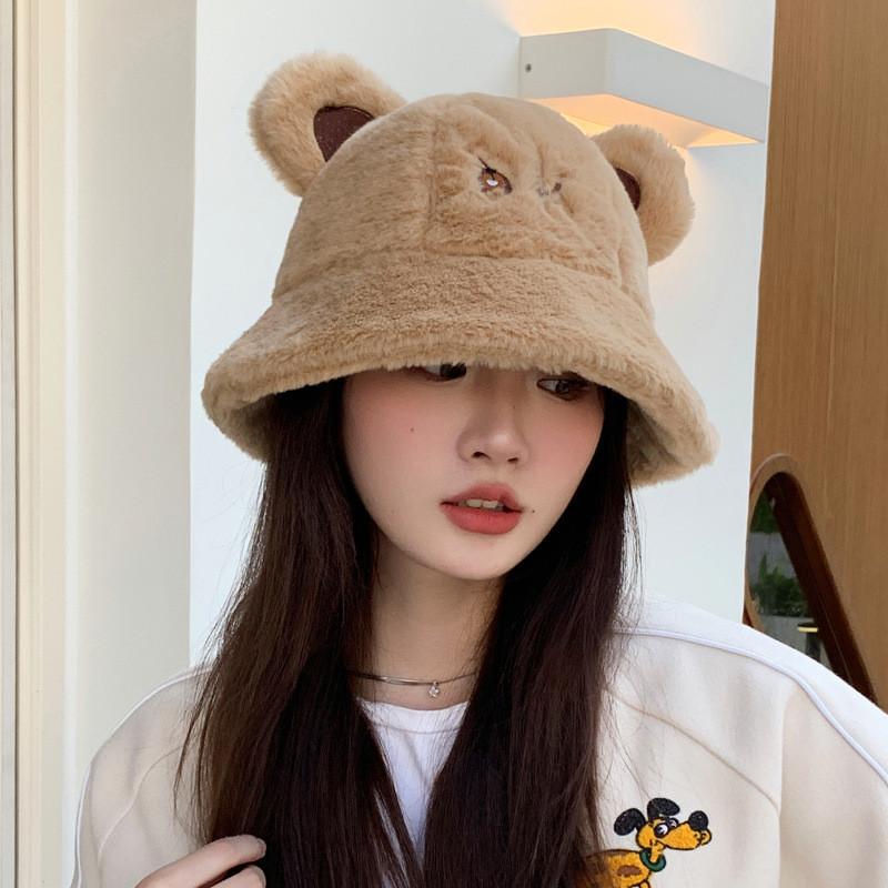 Ok Ear Bear Letter Embroidery Plush Fisherman Hat Bucket Cap Protection Sun