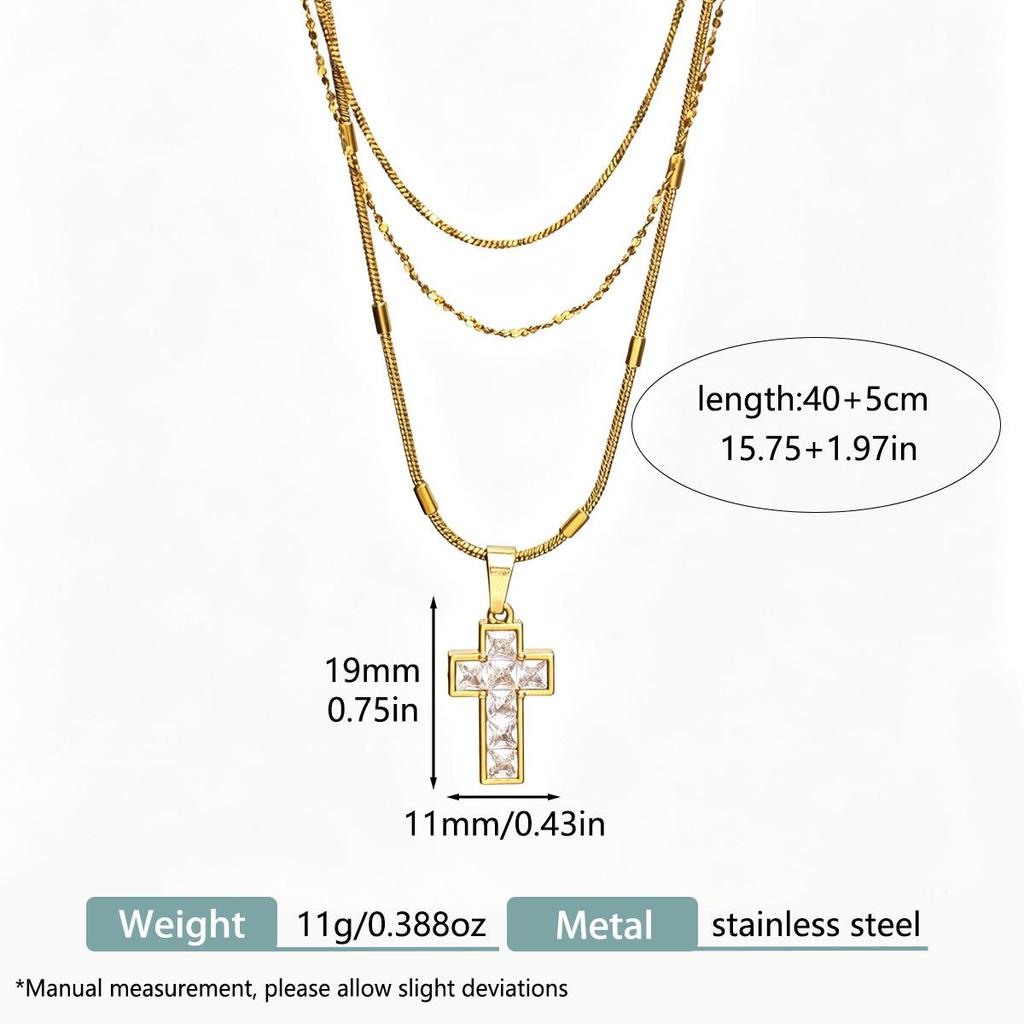 Elegant European & American Style Zirconia Cross Necklace - Versatile, Luxurious Layered Clavicle Chain for Women in Stainless Steel