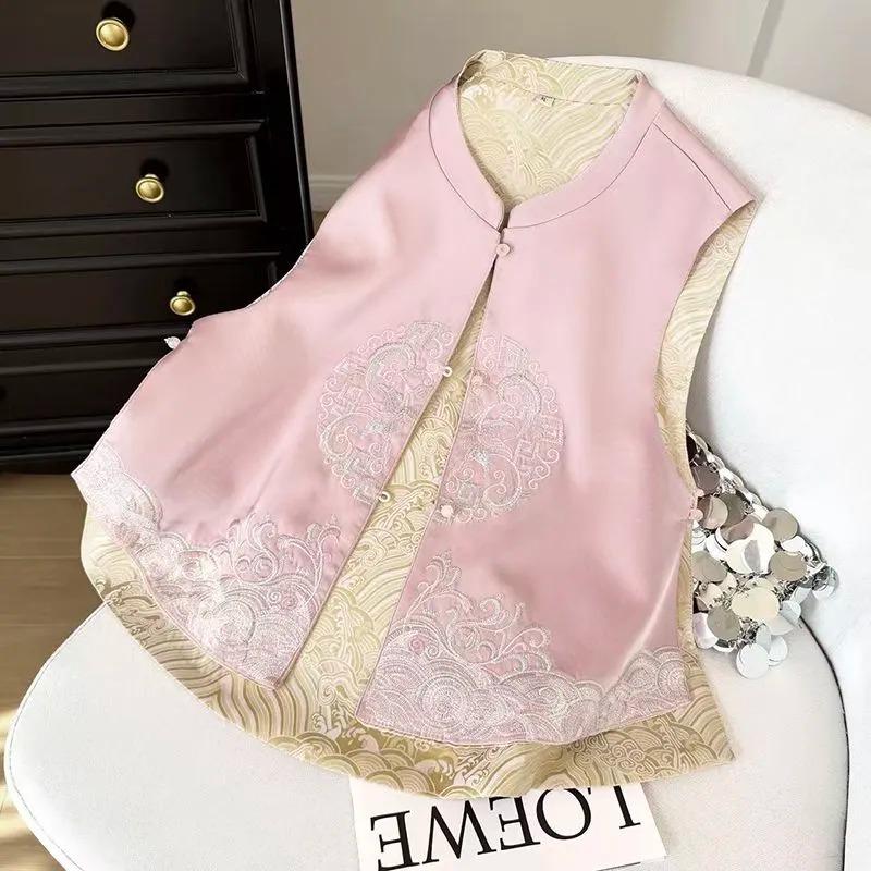Damen chinesischer Stil bestickte Weste wendbar Jacquard Stehkragen ärmellos Weste