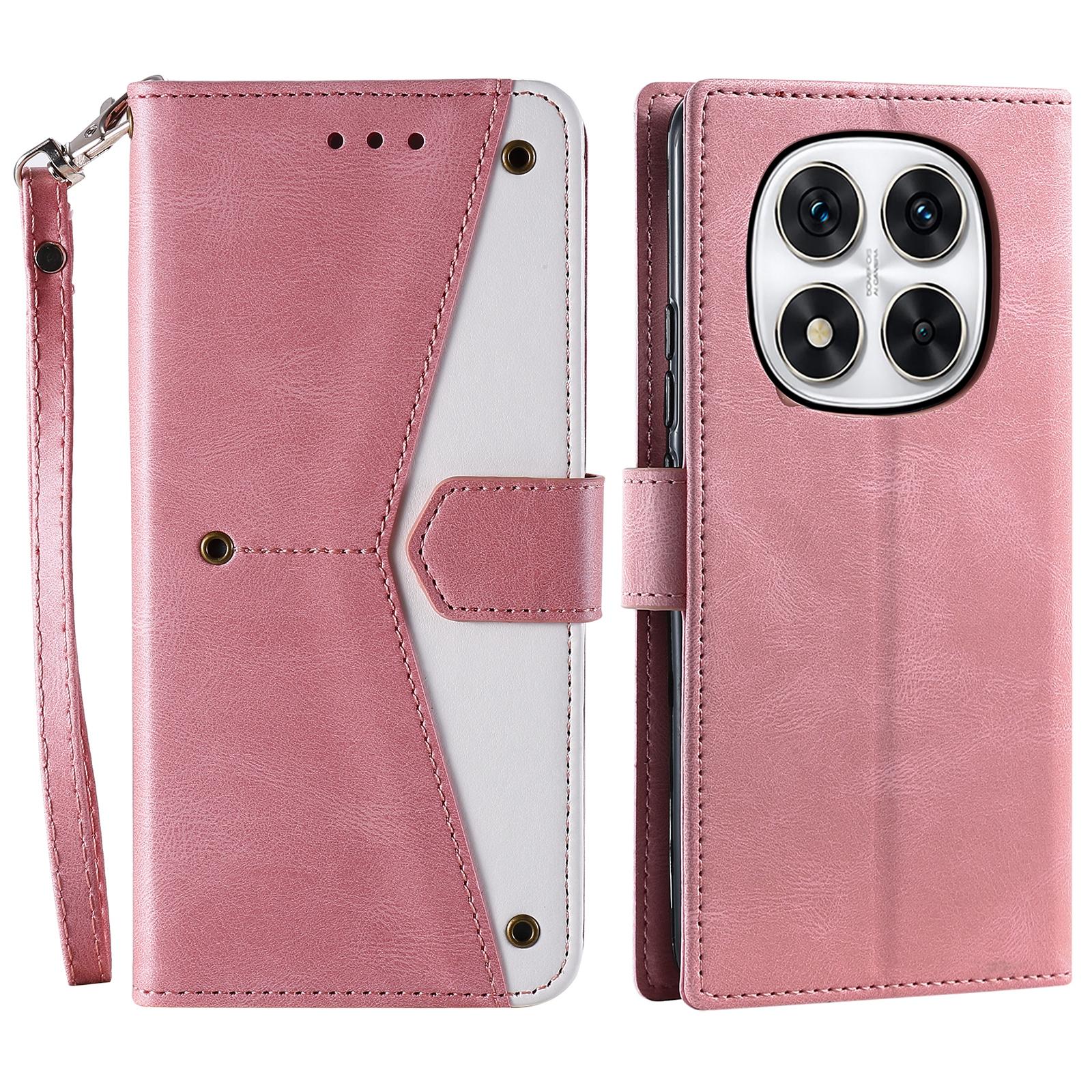 

For Xiaomi Redmi Note 14 Pro 4G Leather Case Splicing Stitching Wallet Phone Cover with Wrist Strap Rose Gold