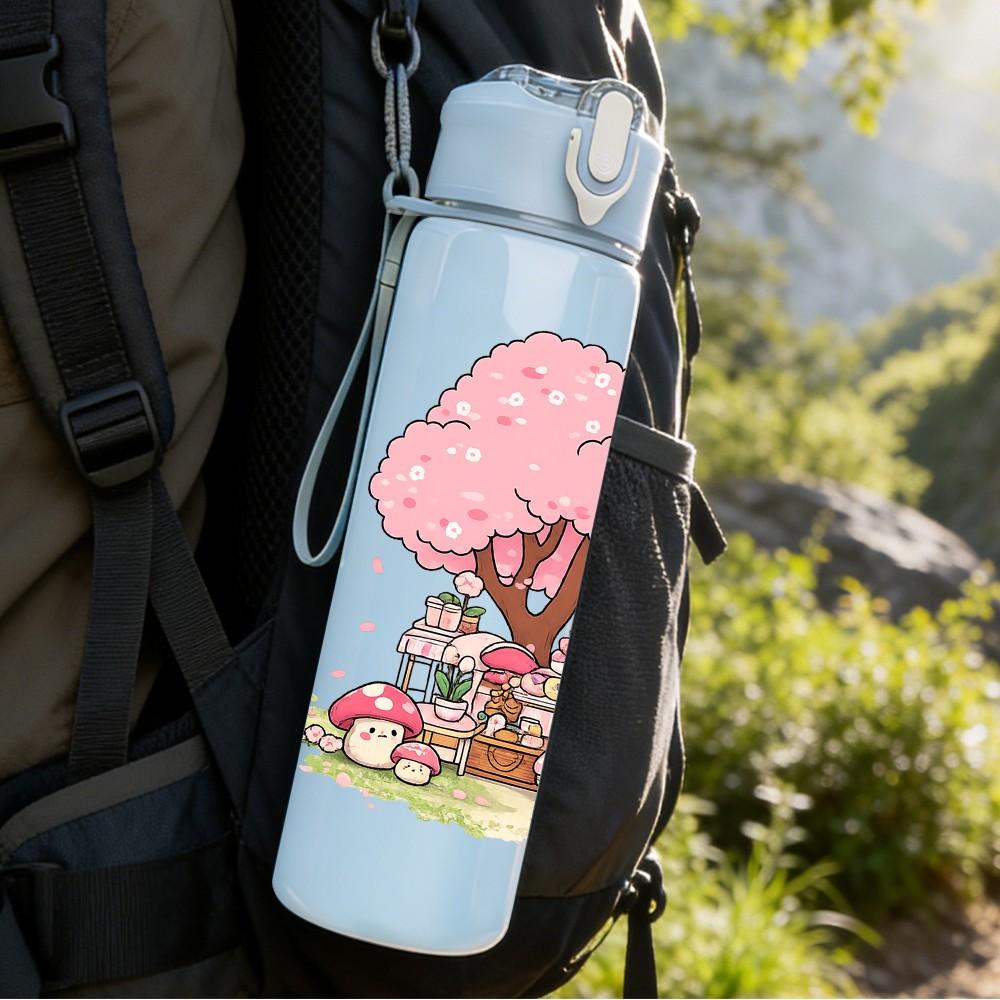 1PC Cherry Blossom Tree Girl Scene Print 750ml Color Plastic Sports Water Bottle Leakproof Flip Straw Lid Suitable for Sports Office Home Use