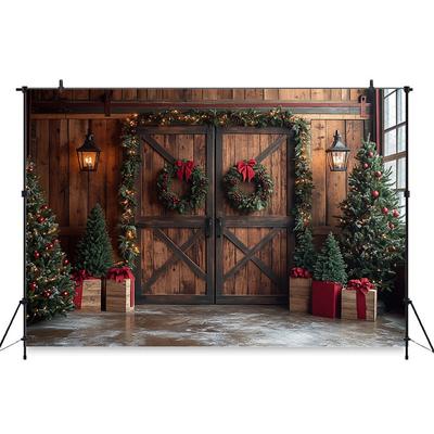Mocsicka Christmas Wood Door Background Photography Room Wreath Tree Wall Backdrop Shooting Props Party Decoration Studio Banner
