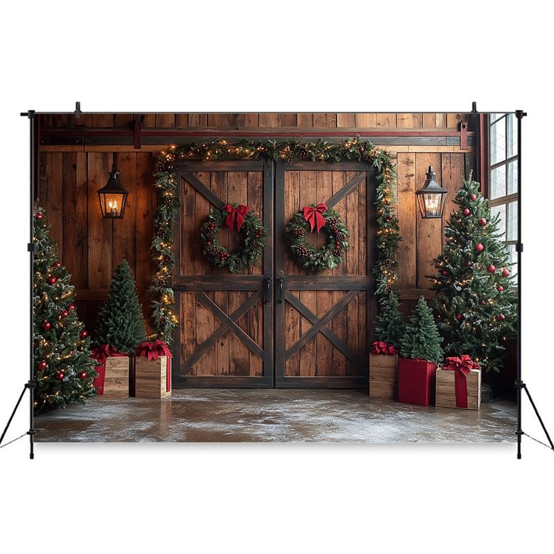 Mocsicka Christmas Wood Door Background Photography Room Wreath Tree Wall Backdrop Shooting Props Party Decoration Studio Banner
