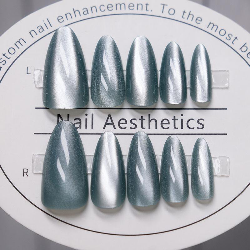24pcs Pink Cat Eye Fake Nails Glitter Fashion False Nail Patch For Lady Women Wearable Manicure DIY Art Almond Press On Nails