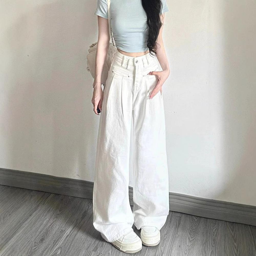 Comfortable Wide-legged Folded White High-waisted Jeans Women Loose Casual Versatile Skinny Straight Trousers Jeans for Women Long Denim Pants