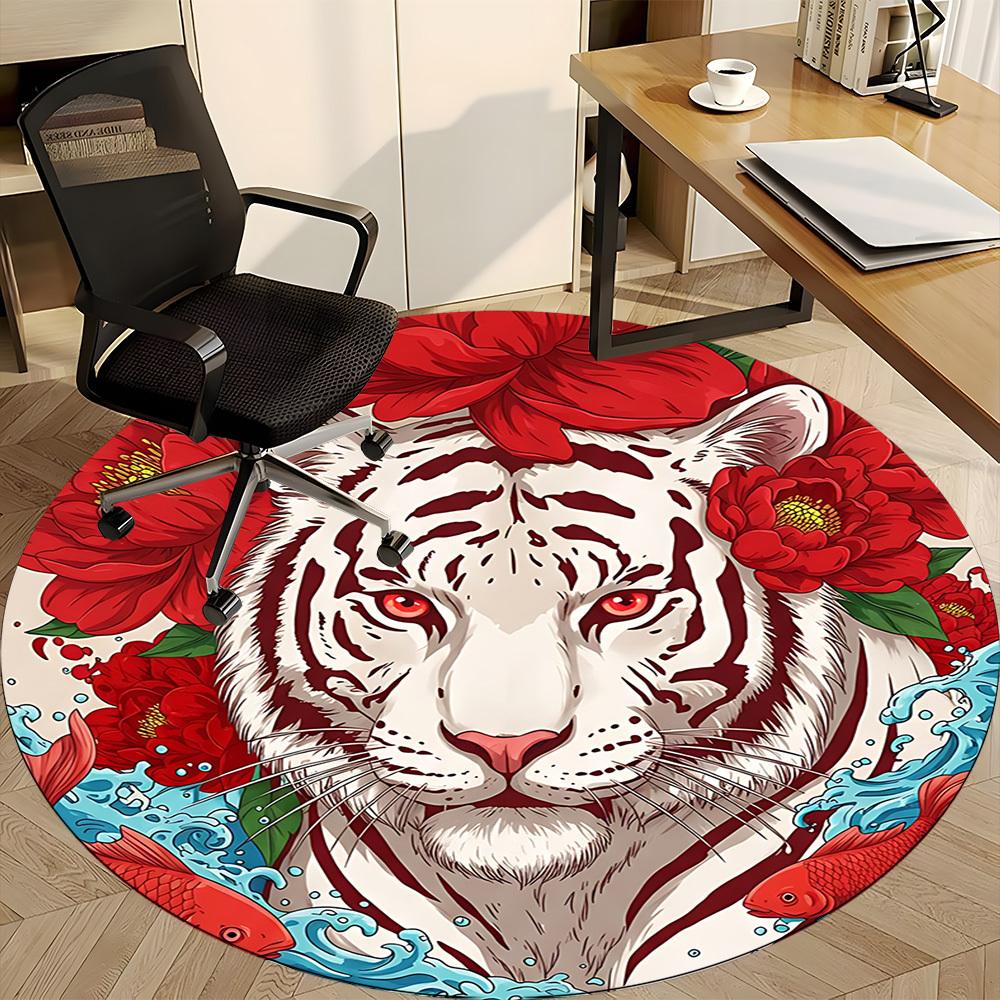 1pc Tiger Floral Pattern Chair Carpet for Office, Round Non-Slip Durable Large Size Office Carpet, Suitable for Office, Beautiful Decoration