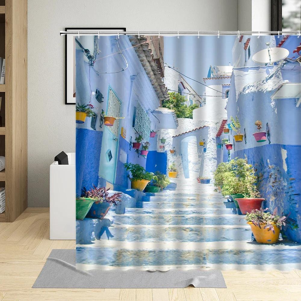 Greek Architecture Town Street View Shower Curtain Flower Window Door Bath Curtains Santorini Bathroom Decor Fabric With Hooks