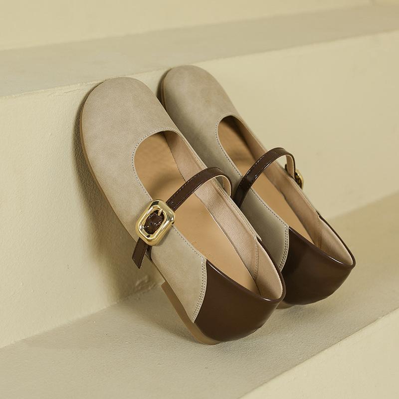 Soft leather Mary Jane single shoes, flat-soled splicing color doll shoes, soft-soled non-slip beanie shoes, single shoes
