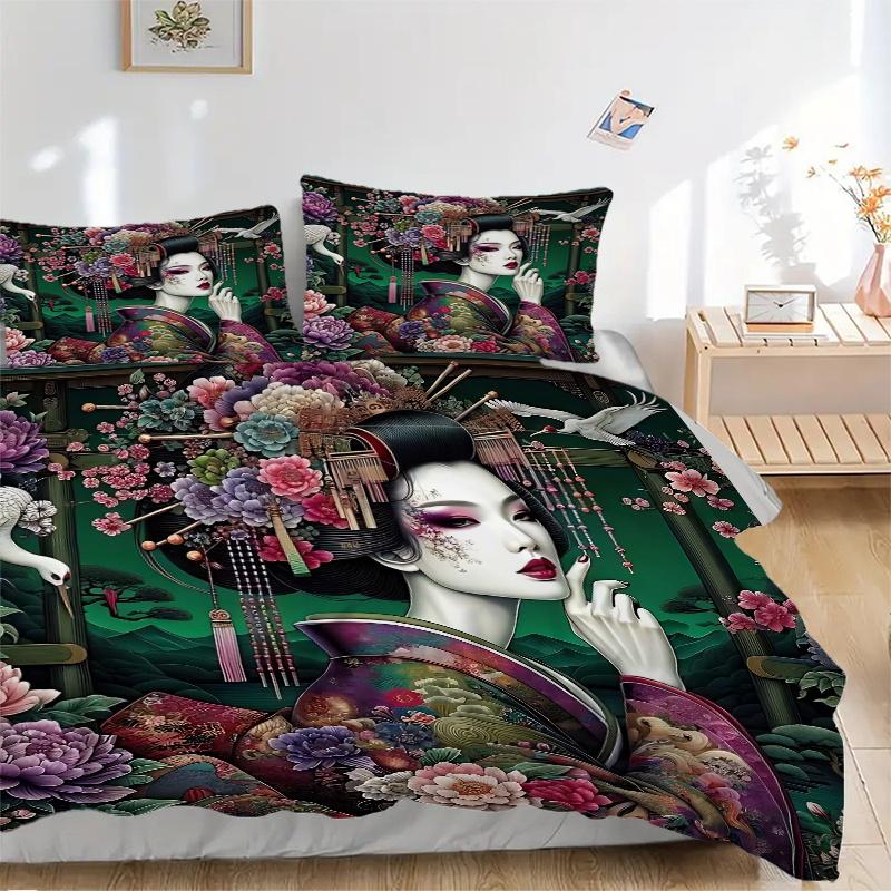 3pcs Anime Geisha Comforter Set with One Quilt Cover and Two Pillowcases (No Core) - Home Decor, Festival Gift, Polyester Fabric, Anime Cartoon Design