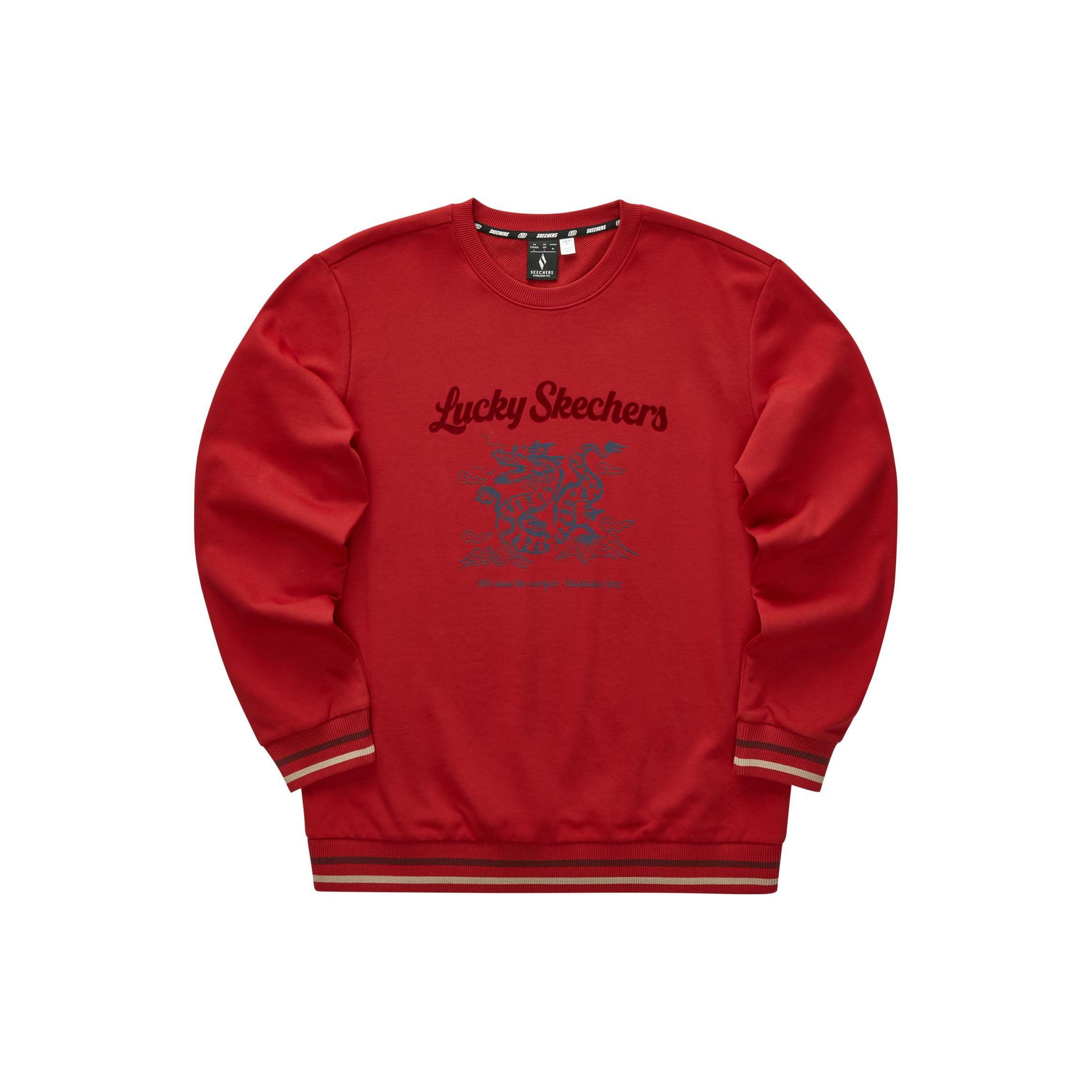 Skechers New Year Collection Retro Color Block College Style Letter Dragon Pattern Printed Knit Crew Neck Sweatshirt Unisex sweatshirt L124U052-03LC L