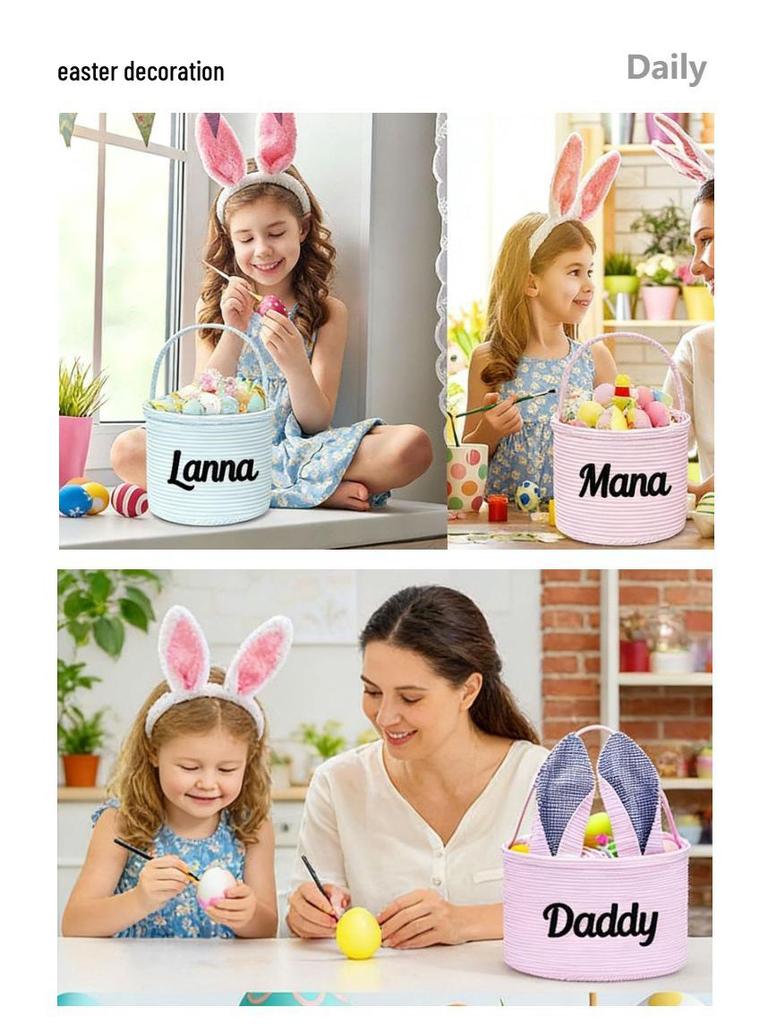 Personalized Easter Basket with Embroidered Rabbit Ears - Plaid Bubble Gauze Tote for Egg Decoration Storage