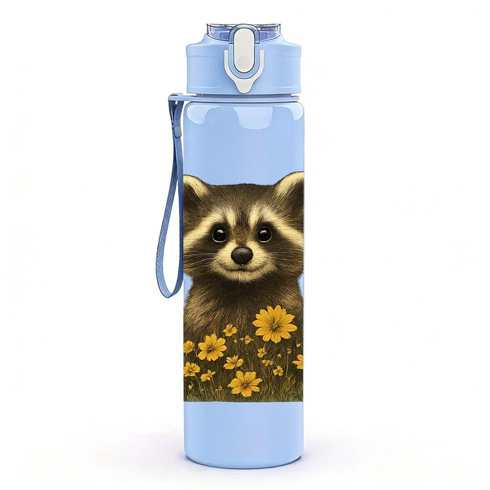 1PC Floral Sunflower Raccoon 750ml Color Plastic Sports Water Bottle Leakproof Flip Straw Lid Suitable for Sports Office Home Use