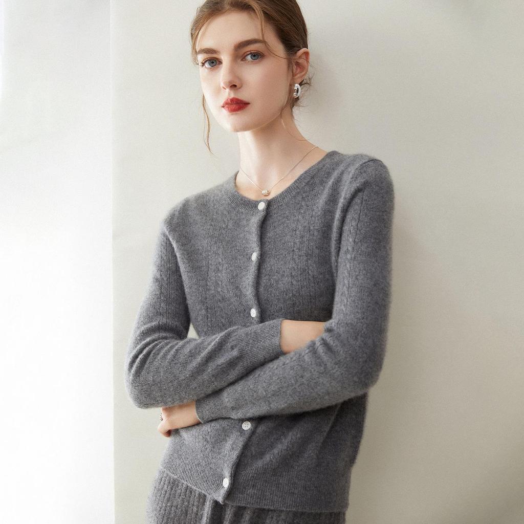 Women's Pure Cashmere Round Neck Cardigan - Autumn/Winter, Twelve-Gauge, Solid Color, Single-Breasted Sweater