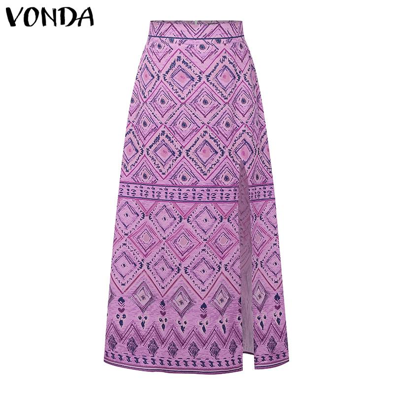 

VONDA Женские юбки макси с высокой талией, этническим принтом, разрезами, в богемном стиле 5XL фиолетовый
