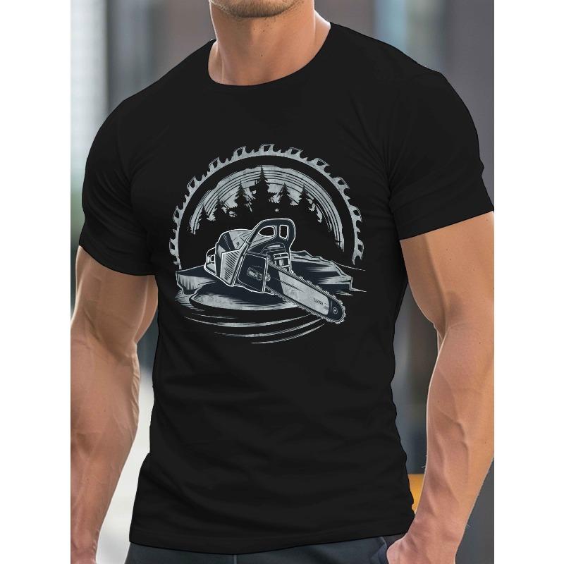 European Sizes Men'S Casual T-Shirt Featuring a Chainsaw And Forest Design - Comfortable, Lightweight, Round Neck, Short Sleeves for Summer Wear