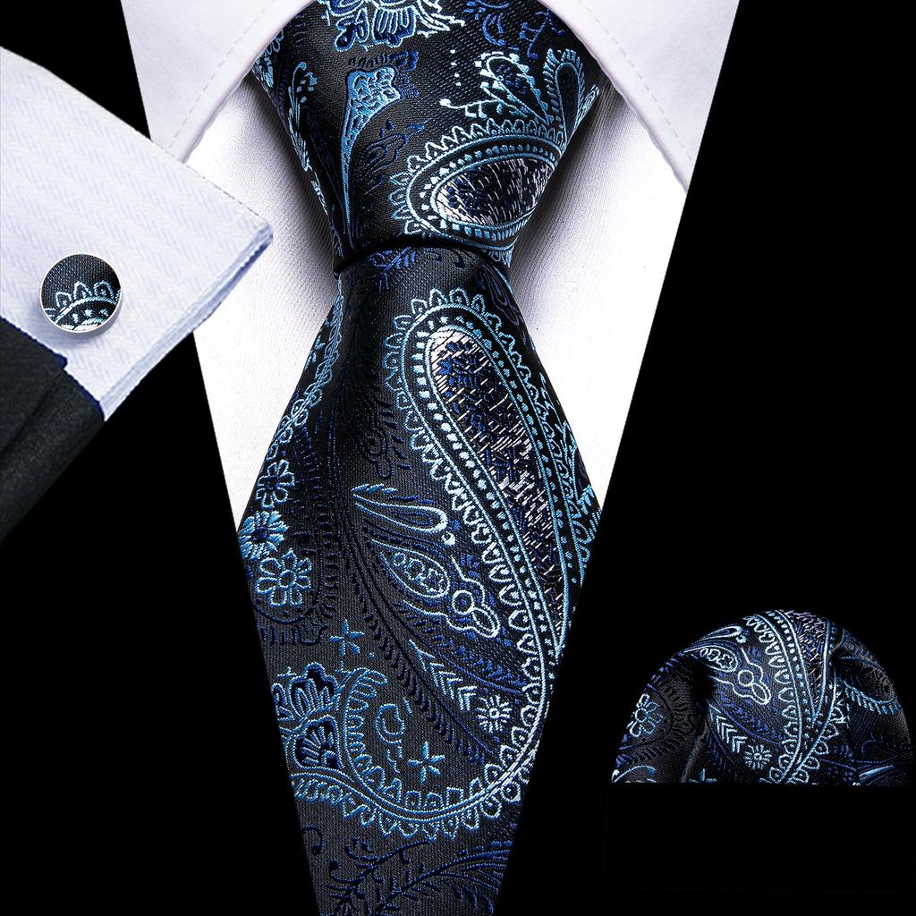Barry.Wang Floral Ties for Men Woven Paisley Wedding Necktie Handkerchief Cufflinks Formal Casual Set