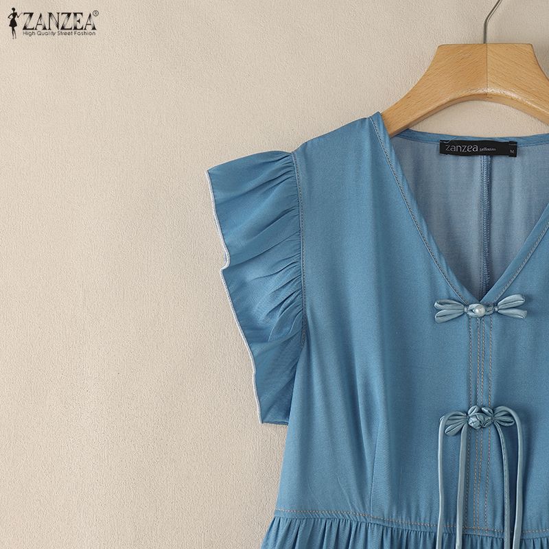ZANZEA Women Elegant V-Neck Casual Ruffles Short Sleeve Summer Dress