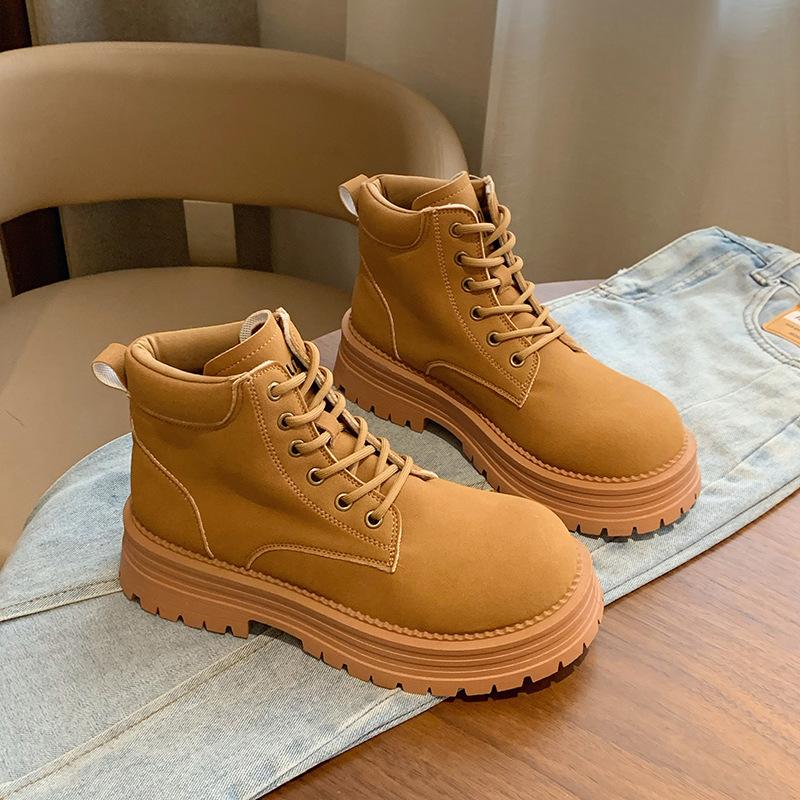 

Женские армейские ботинки на шнуровке, короткие ботинки на толстой платформе с выступающей подошвой, осенне-зимние ботинки по щиколотку для женщин, нескользящие походные ботинки из искусственной кожи 38 верблюд