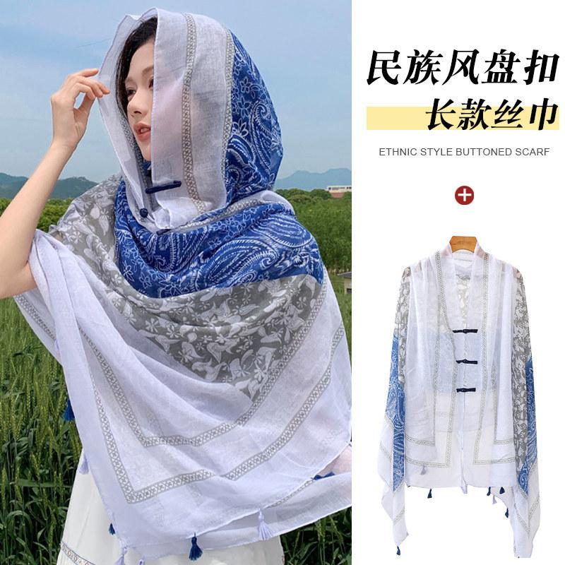 Small fresh white floral silk scarf women's summer travel buckle sunscreen large shawl beach towel thin yarn scarf scarf