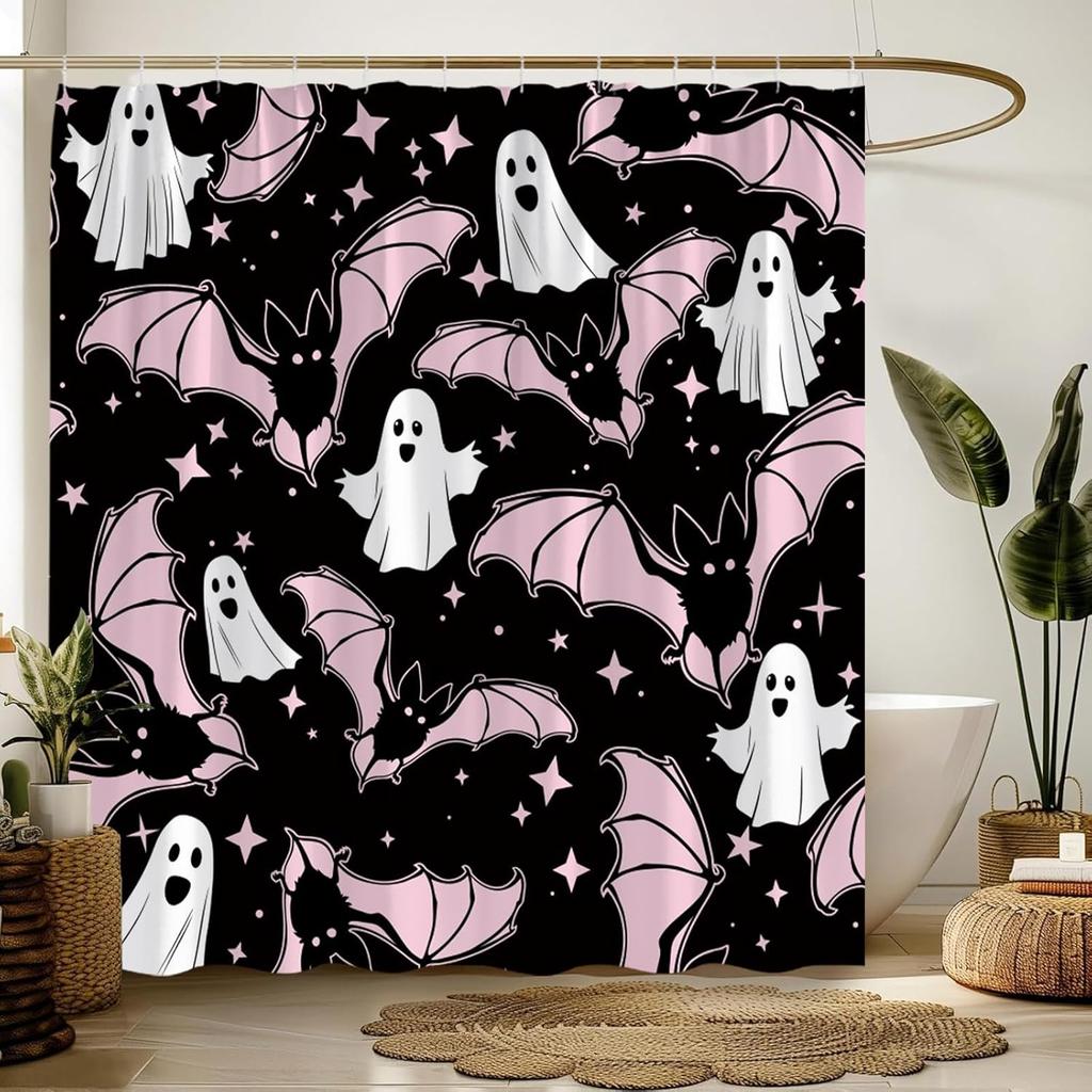 Halloween Shower Curtain Black White Ghost Pink Bat Stars Funny Cartoon Spooky Scary Horror Happy Halloween Holiday Fabric