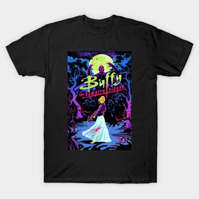 Asian Size Men Black Print T-shirt Buffy The Vampire Slayer No-Cut Heat Transfer Print Cotton Tshirt