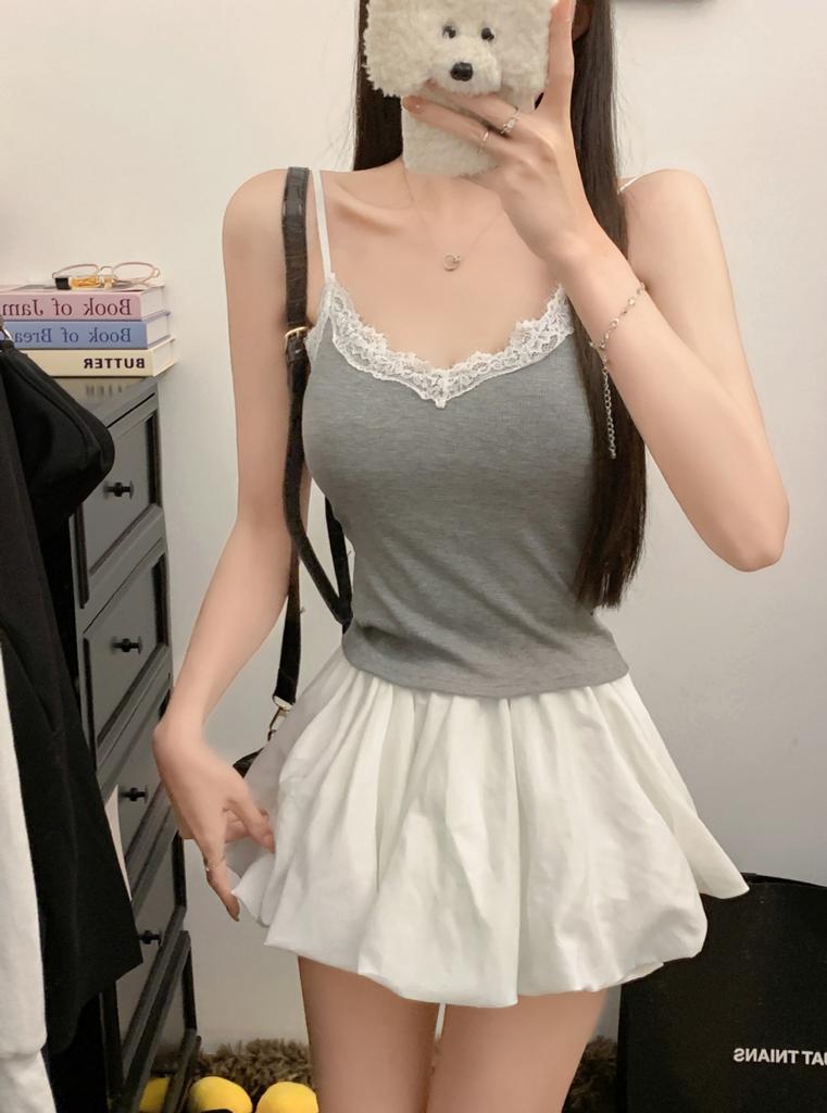 #Spice Girl Tight Lace Edge Splicing Small Suspender Vest Female Pure Desire Off-the-shoulder Thin Top with Chest Pad