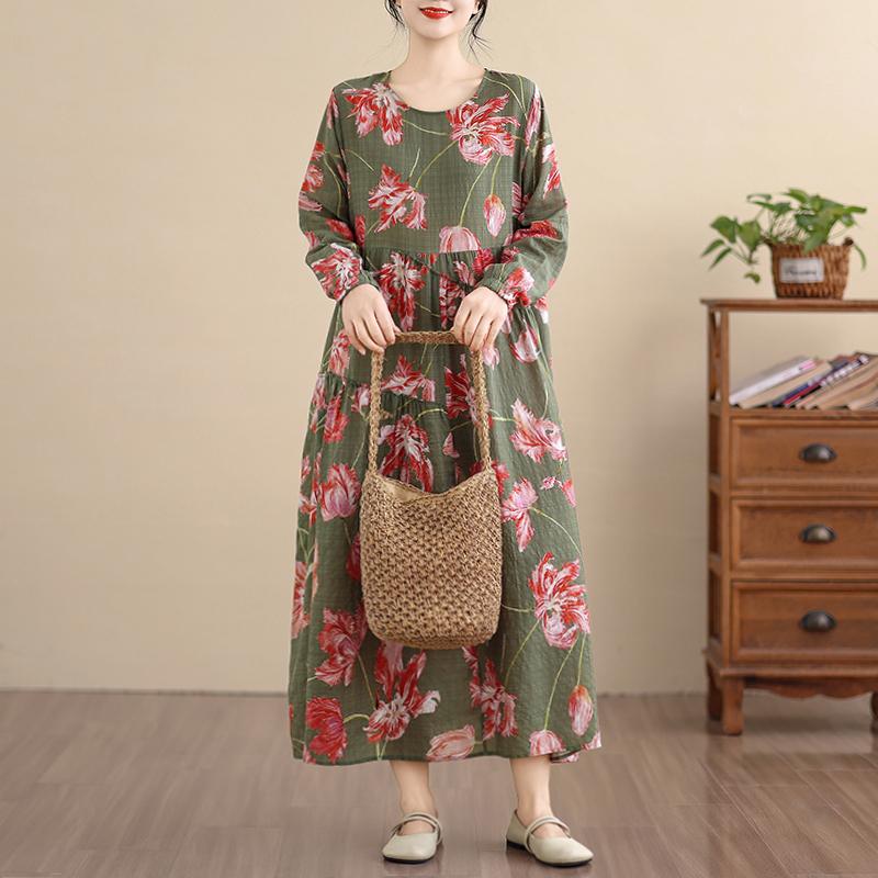 DIMANAF New 2026 Women Vintage Plus Size Spring Summer Long Dress Loose Oversize Long Sleeve Maxi Floral Print