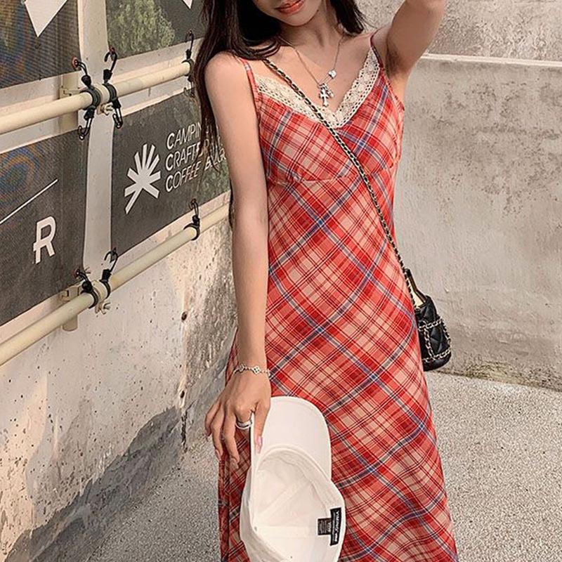 Women's Red Plaid V-Neck Lace Spaghetti Strap Dress - Slim Fit Spring/Summer Vacation Style